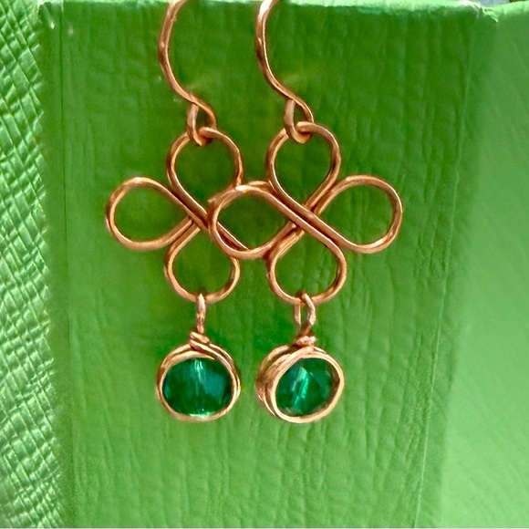 Artisan Jewelry - Rose Gold and Green Four-Leaf Clover Drop Earrings